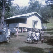 Young girls in front of the girls' dormitory at Wujal Wujal Mission, Queensland, ca. 1975